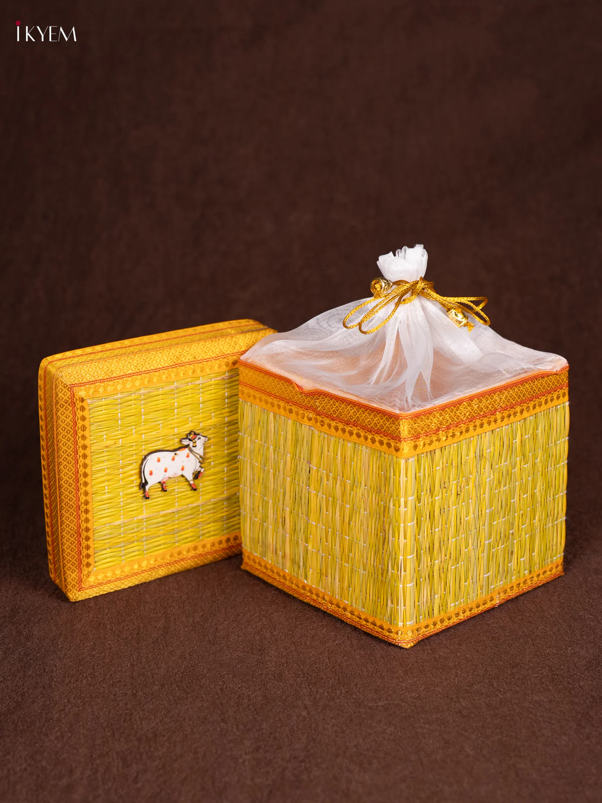 Cow Motif Korai Gift Box with Net Potli - Yellow - 7 Inches - KN30117 - Image 2