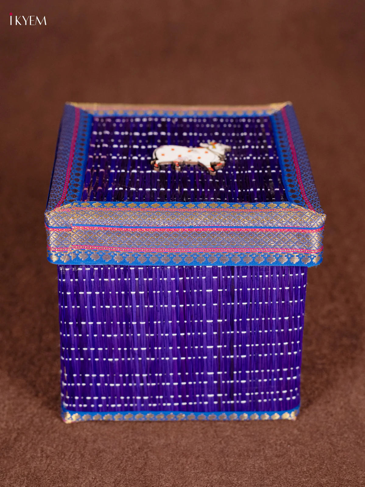 Cow Motif Korai Gift Box with Net Potli - Blue - 7 Inches - KN30118