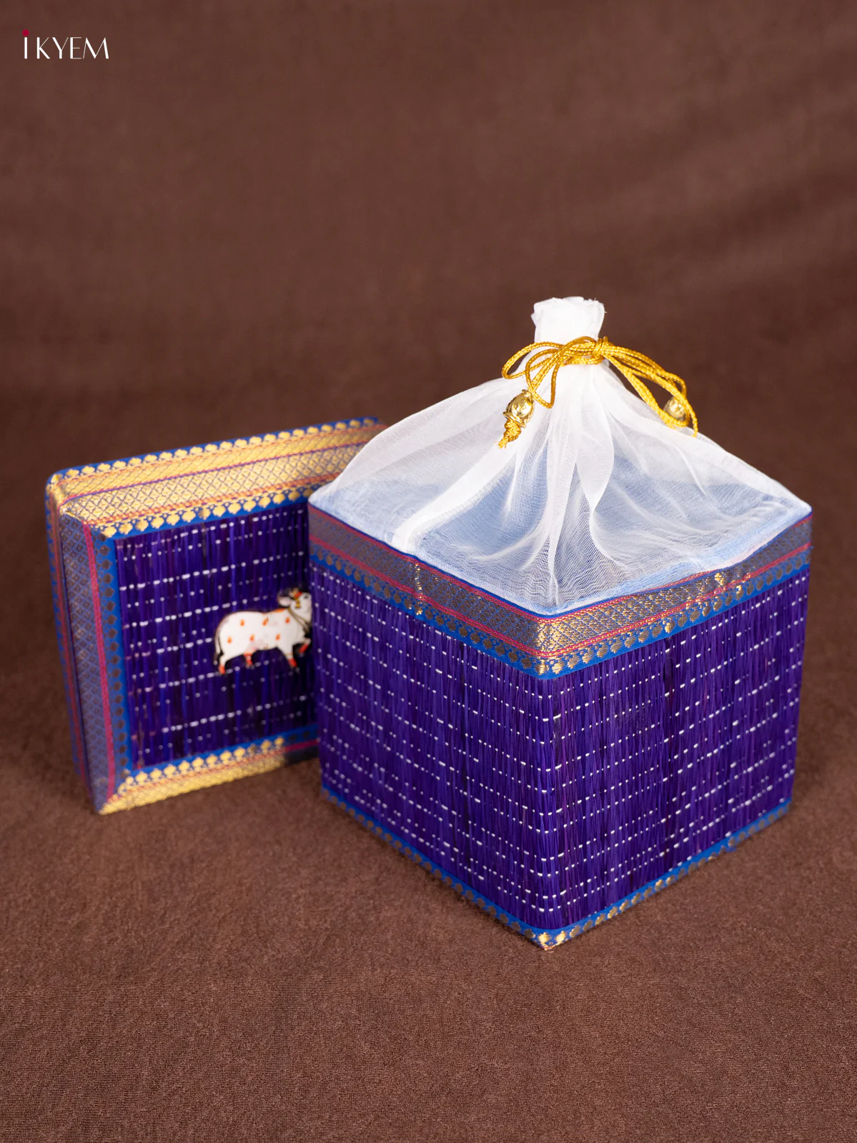Cow Motif Korai Gift Box with Net Potli - Blue - 7 Inches - KN30118 - Image 2