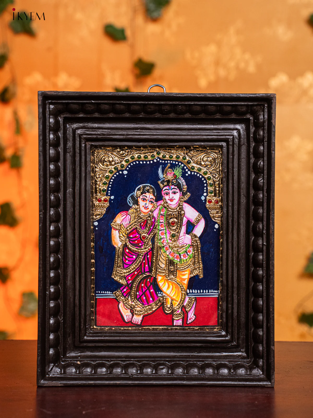 Pretty Krishna & Rukmani Thanjavur painting In Teak Wood Frame (11x9) - KH26125
