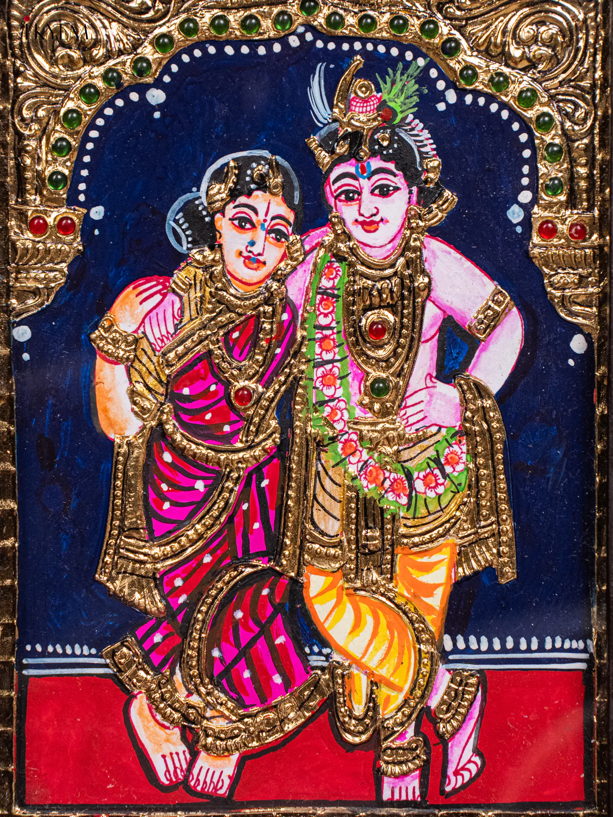 Pretty Krishna & Rukmani Thanjavur painting In Teak Wood Frame (11x9) - KH26125 - Image 3