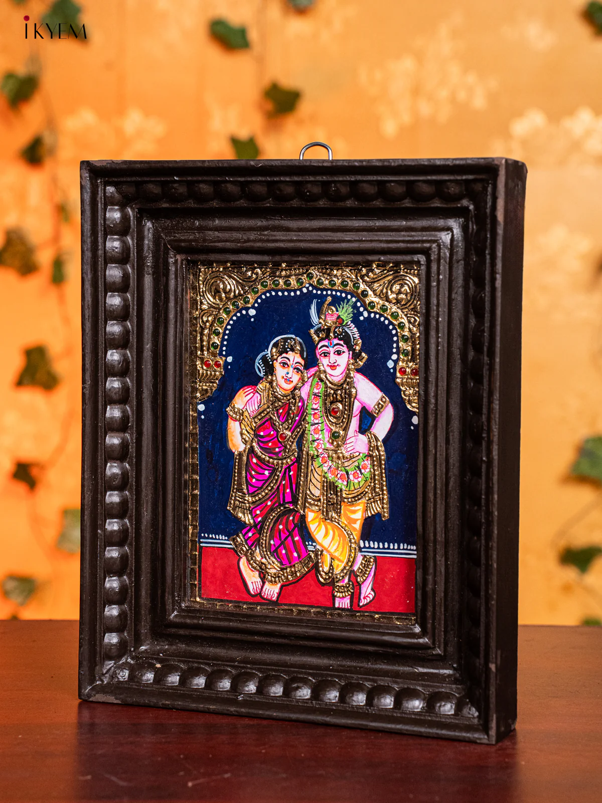 Pretty Krishna & Rukmani Thanjavur painting In Teak Wood Frame (11x9) - KH26125 - Image 4