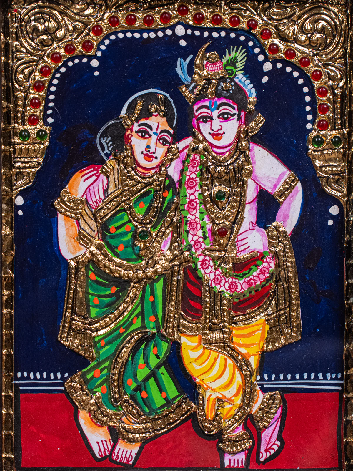 Stunning Krishna & Rukmani Thanjavur painting In Teak wood Frame (11x9 Inch) - KH26124 - Image 3