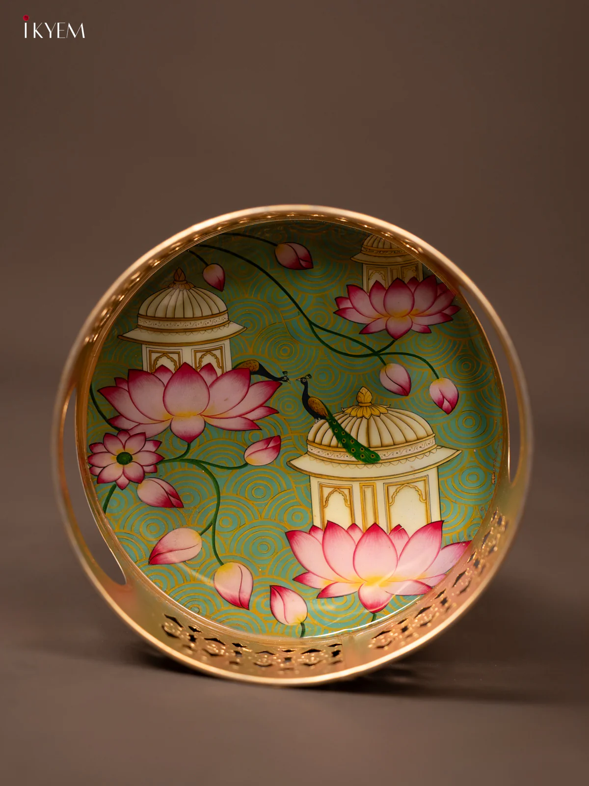 Leaf Green Pichwai Printed Round Metal Tray With Flowers & Peacock - KF19120