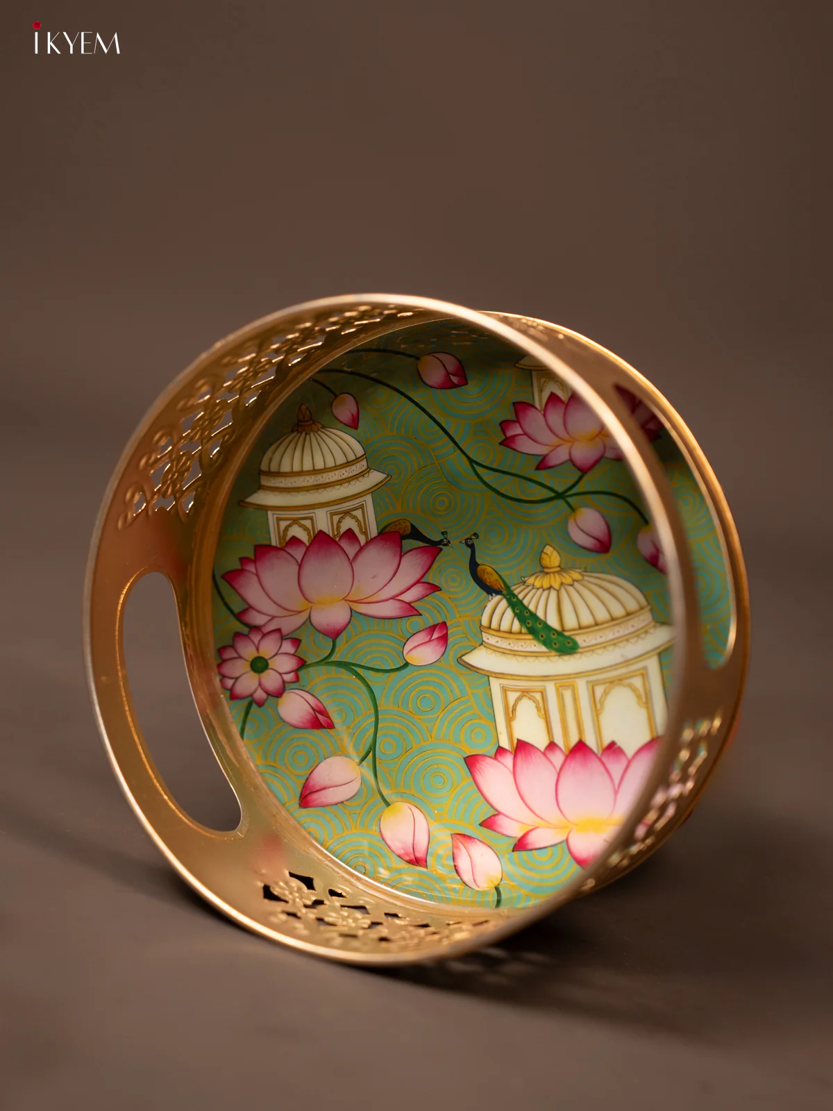 Leaf Green Pichwai Printed Round Metal Tray With Flowers & Peacock - KF19120 - Image 2