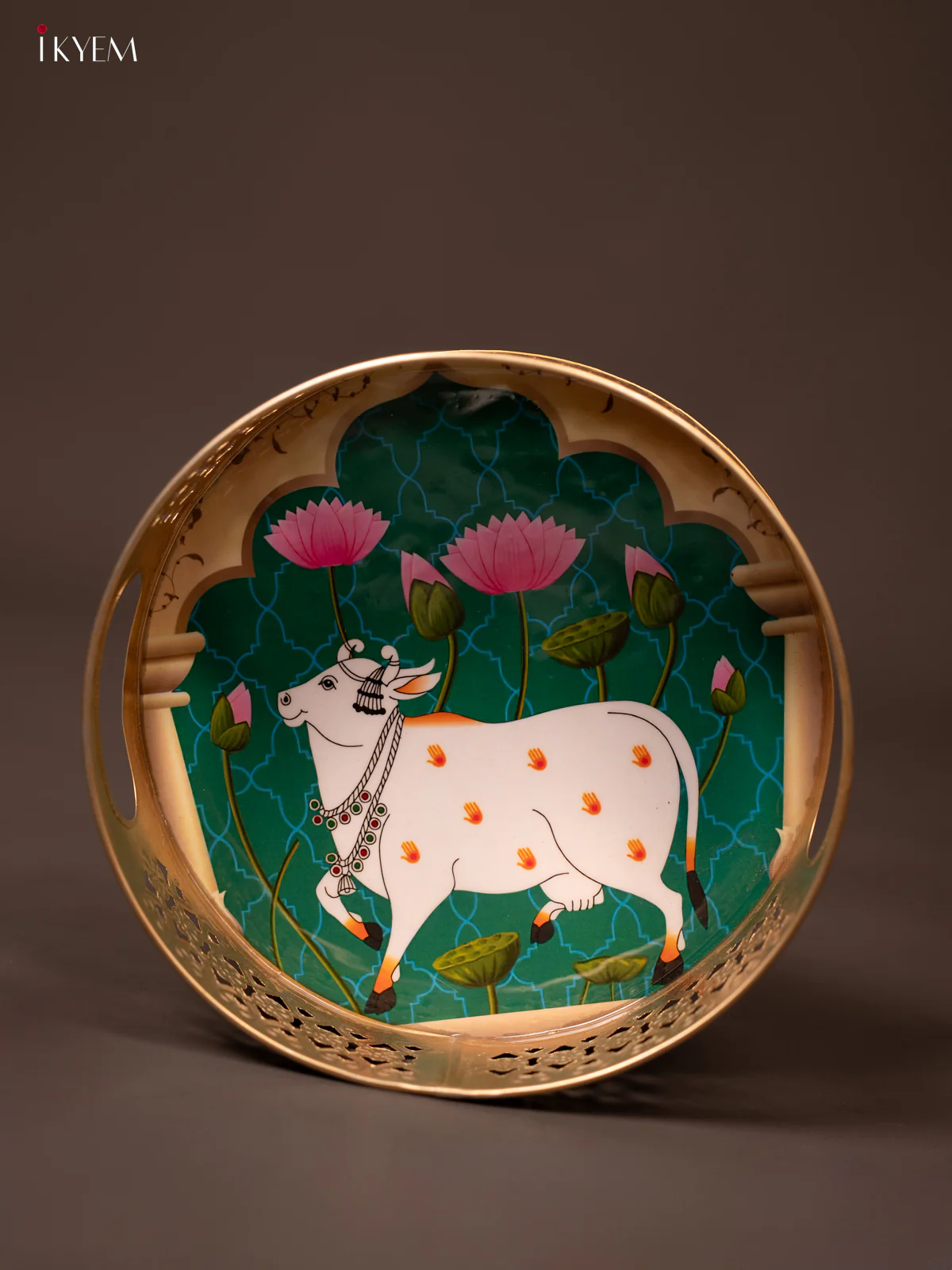 Light Green Pichwai Printed Round Metal Tray With Cow & Flowers - KF19133