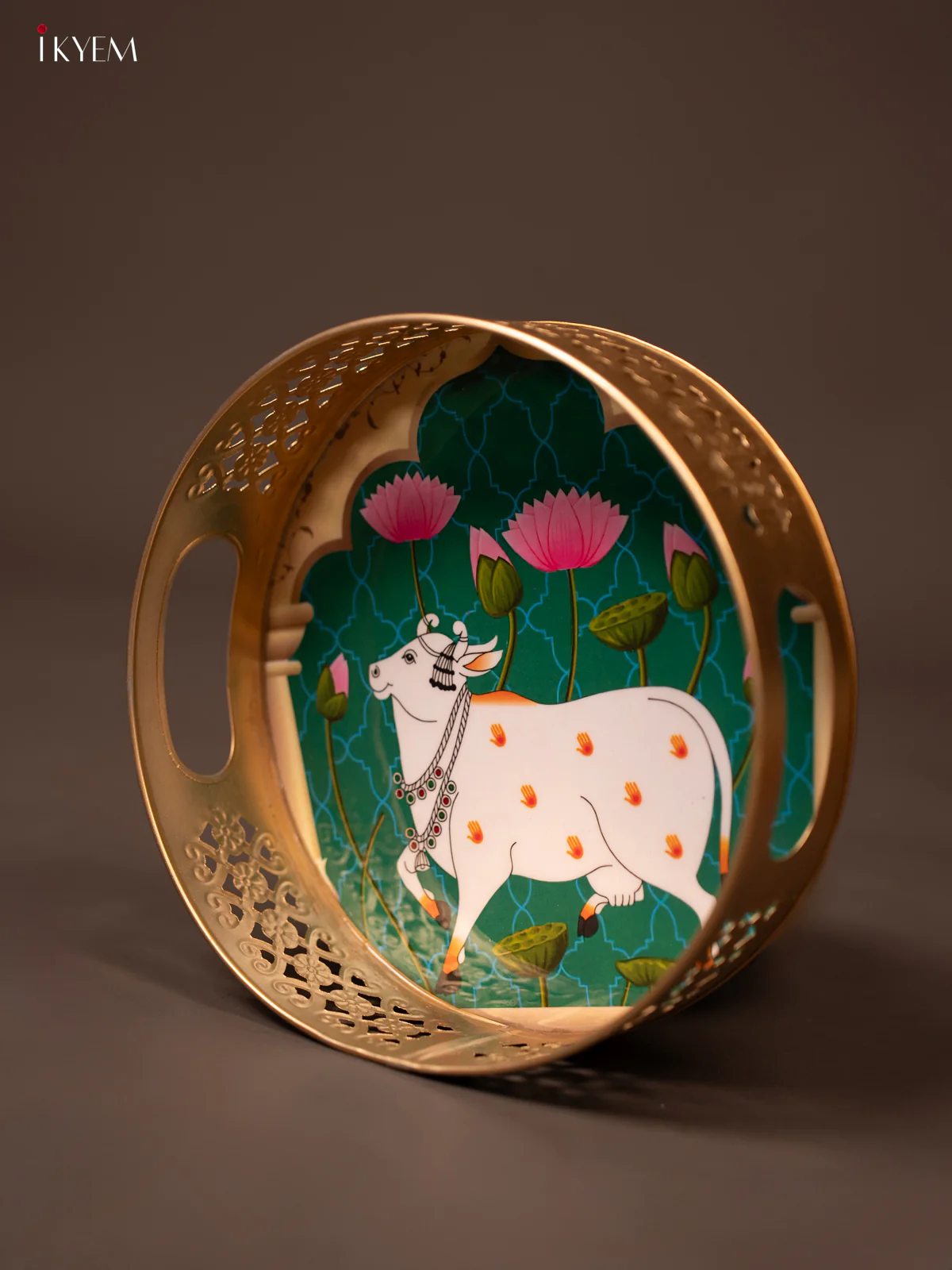 Light Green Pichwai Printed Round Metal Tray With Cow & Flowers - KF19133 - Image 2