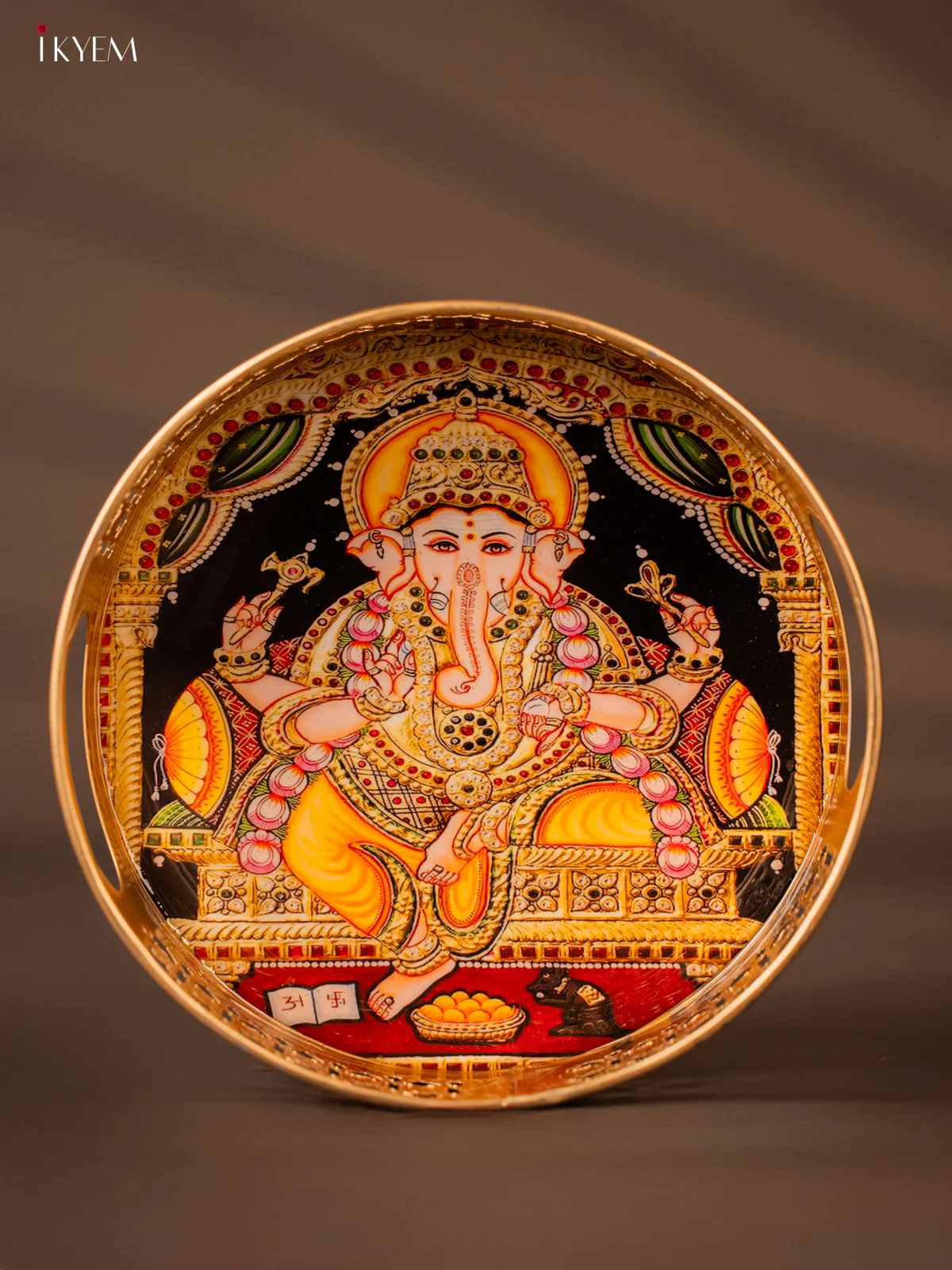 Divine Lord Ganesha in Yellow & Green Metal Tray - KH05144