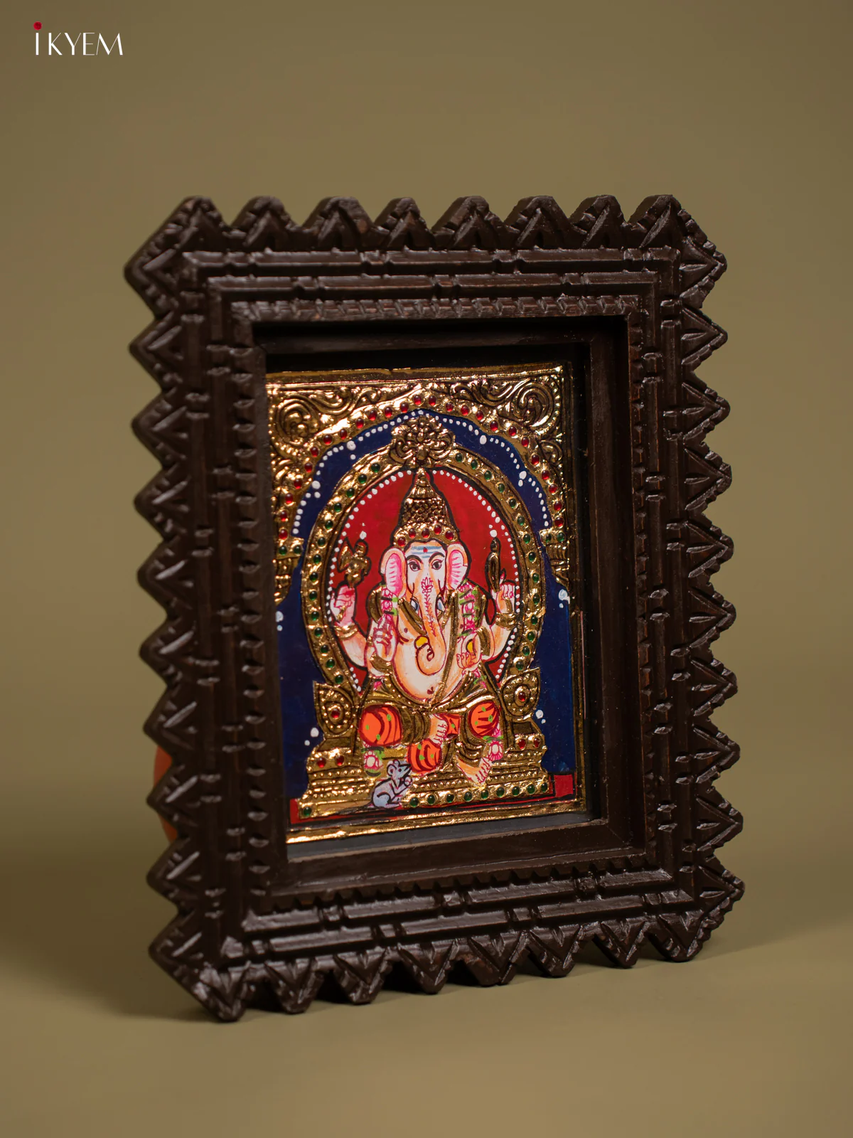Lord Ganesha Tanjore Painting in Chettinad style Teakwood Frame - KF26139 - Image 2