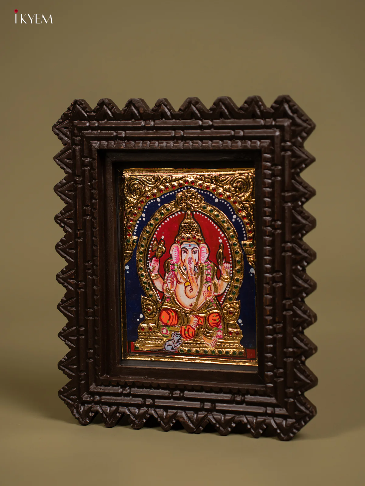 Lord Ganesha Tanjore Painting in Chettinad style Teakwood Frame - KF26139 - Image 3