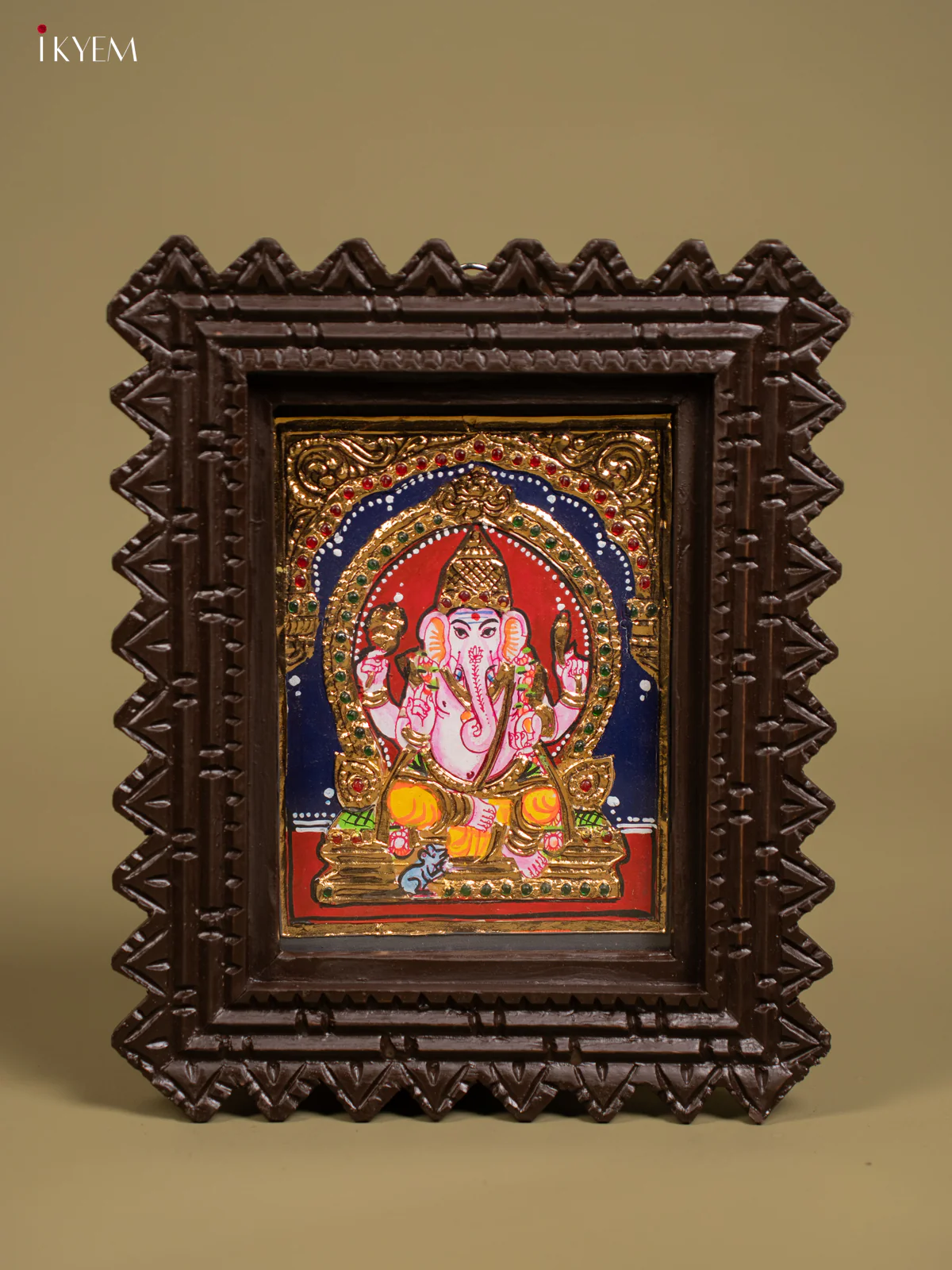 Artistic Lord Ganesha Tanjore Painting in Chettinad style Teakwood Frame - KF26140