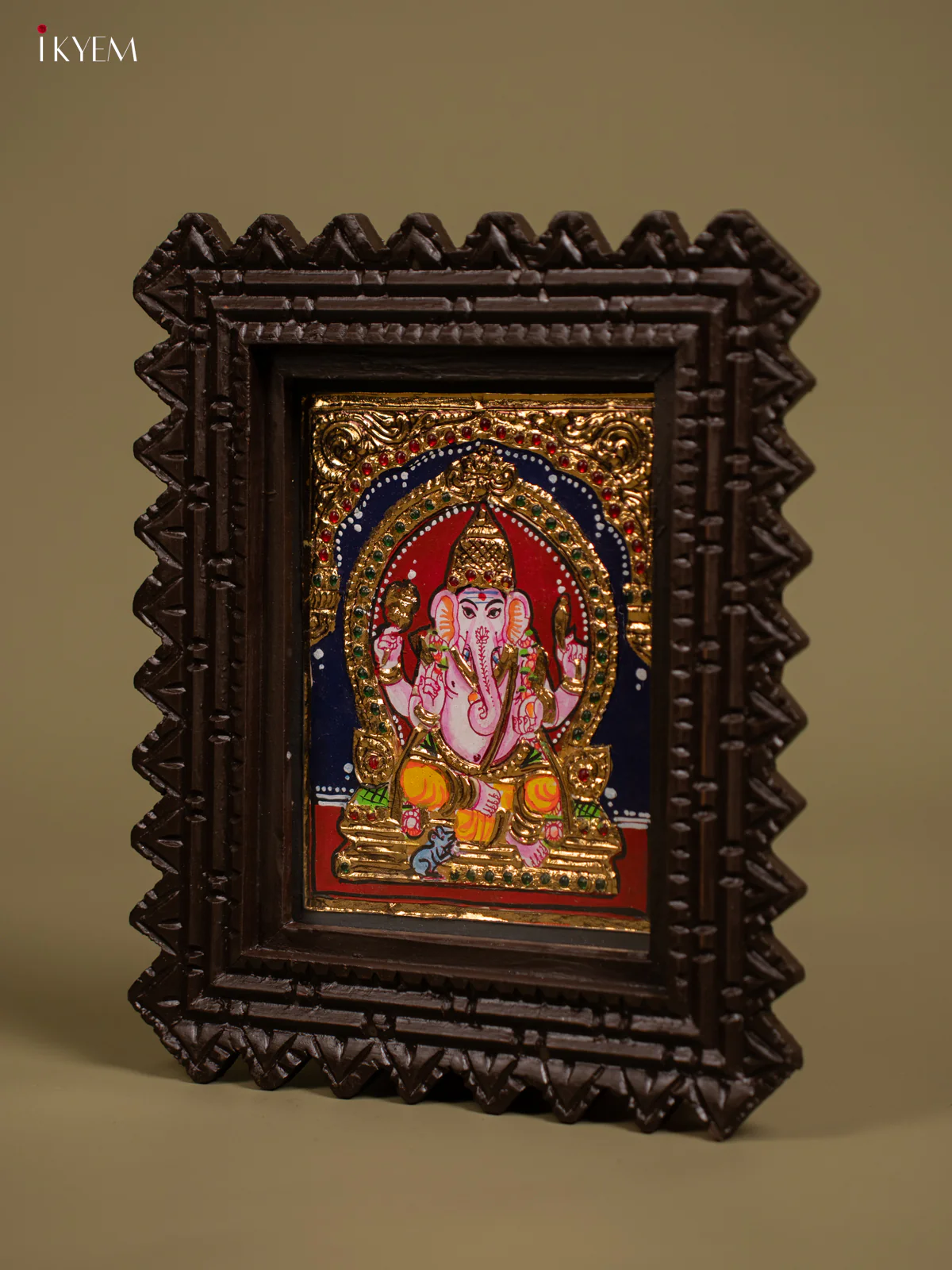 Artistic Lord Ganesha Tanjore Painting in Chettinad style Teakwood Frame - KF26140 - Image 3