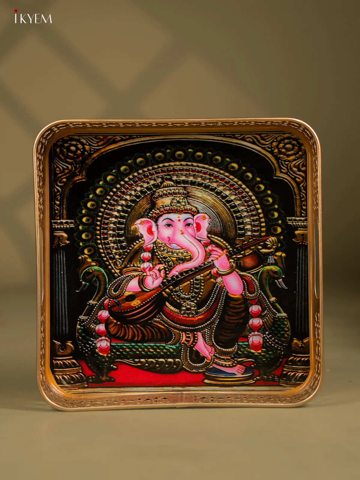 Lord Ganesha With Veena Square Metal Trays - KF25119