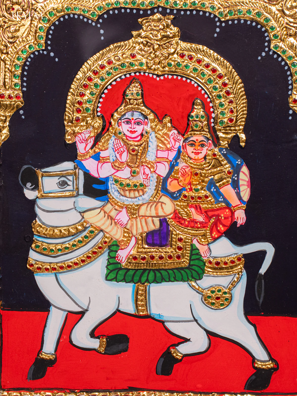 Tanjore Painting Of Siva Parvathi Seated On Nandhi in Teak Frame (18x15 Inch) - KH26190 - Image 3