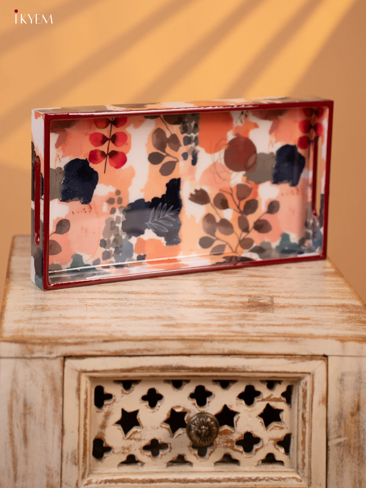 Maroon Floral Abstract Printed Wooden Tray (13x7) - KL03127