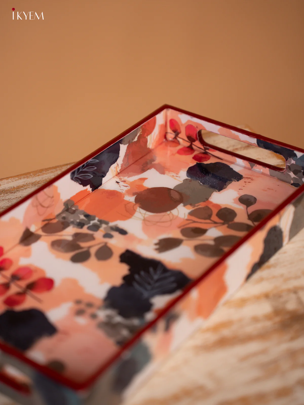 Maroon Floral Abstract Printed Wooden Tray (13x7) - KL03127 - Image 2