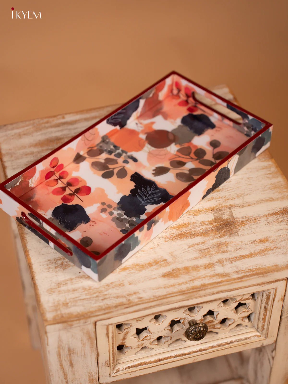 Maroon Floral Abstract Printed Wooden Tray (13x7) - KL03127 - Image 3