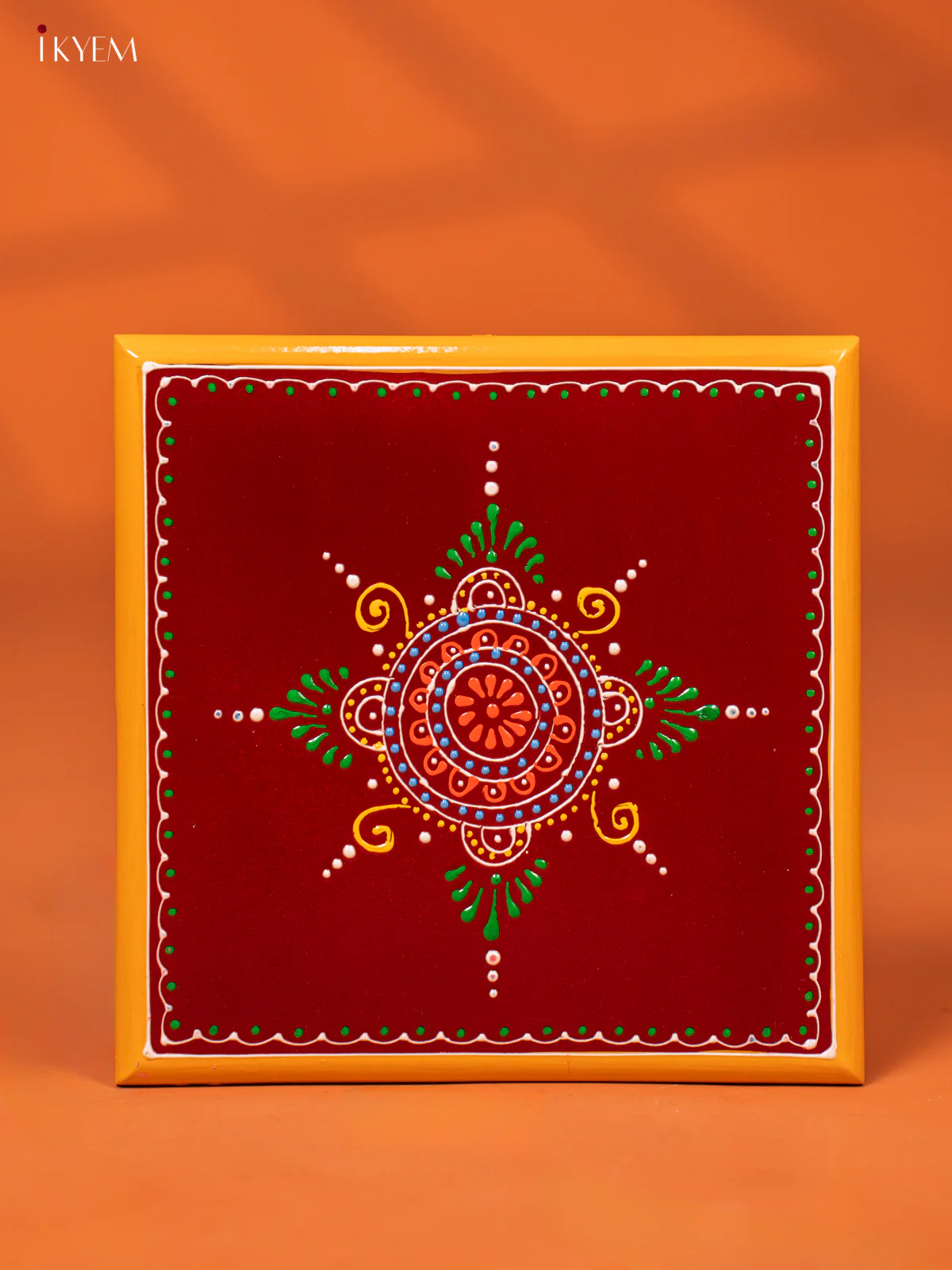 Kolam Hand-painted Maroon Wooden Chowki (8*8) - KE27122 - Image 2