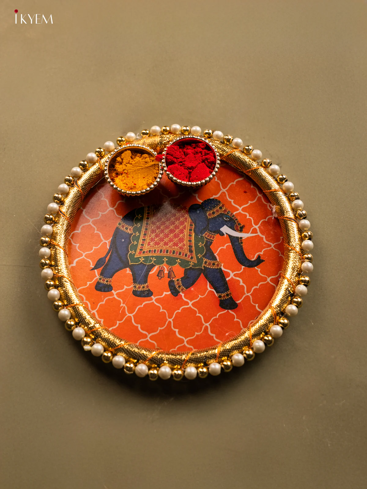 Beautiful Orange Plate With Elephant Print & Haldi kumkum holder - KG31122