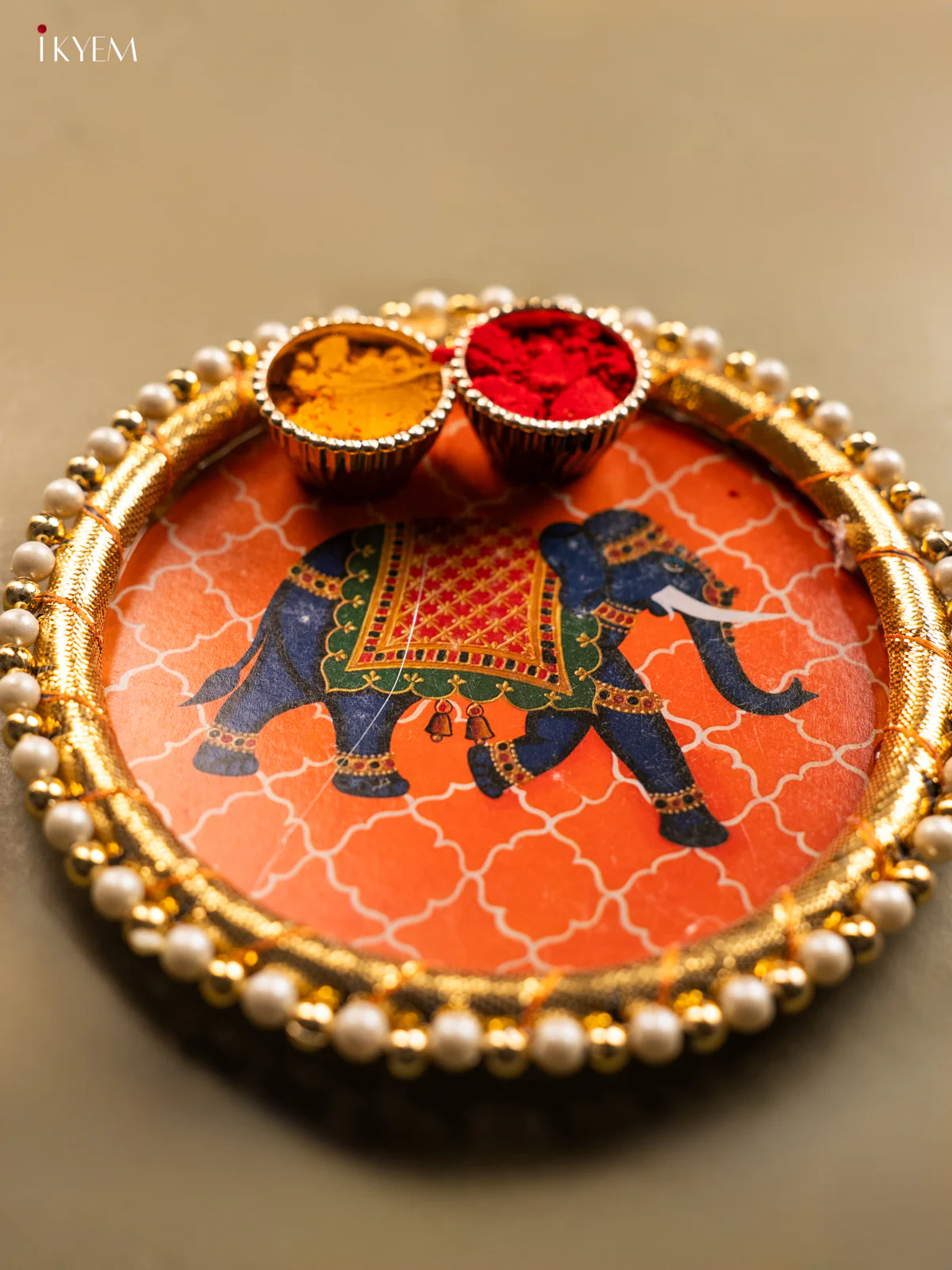 Beautiful Orange Plate With Elephant Print & Haldi kumkum holder - KG31122 - Image 2