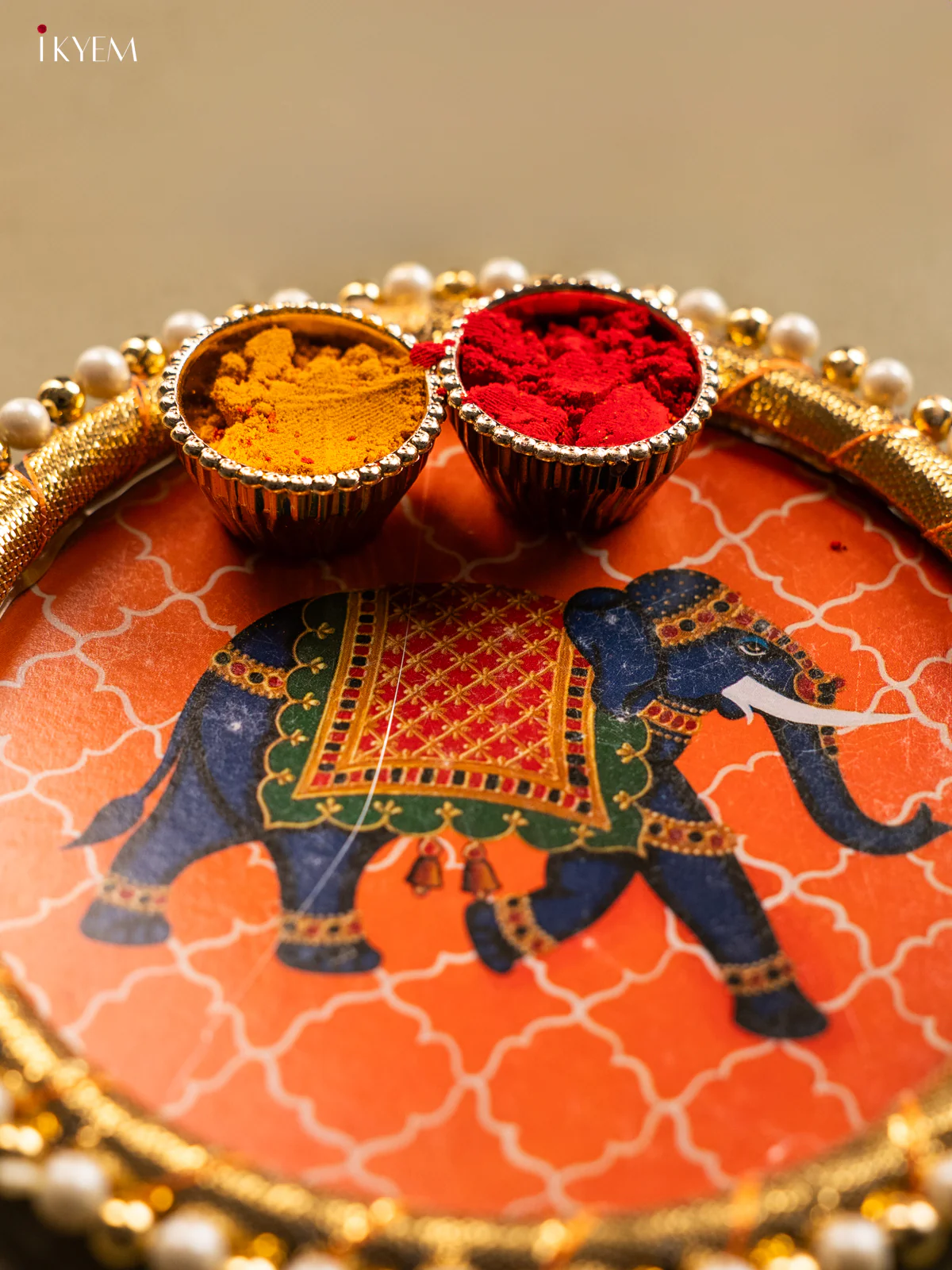 Beautiful Orange Plate With Elephant Print & Haldi kumkum holder - KG31122 - Image 3