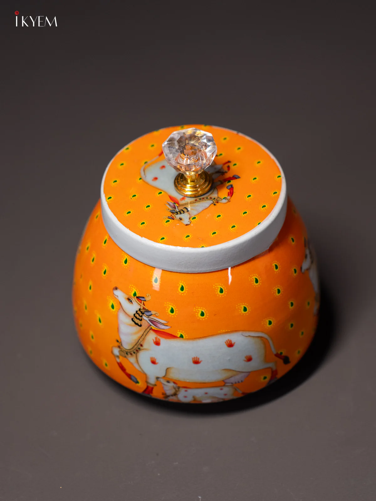 Elegant Pichwai Cow & Calf Printed Orange Dry Fruit Jar with Lid - KI15112