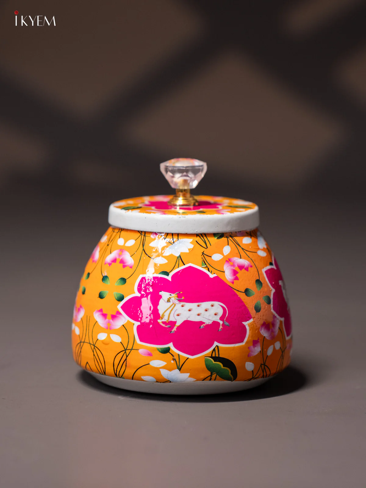 Elegant Pichwai Cow & Calf Printed Orange Dry Fruit Jar with Lid - KI15117