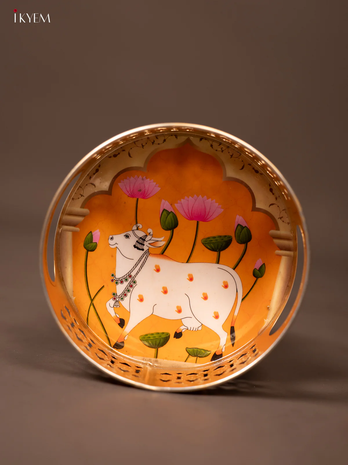 Orange Pichwai Printed Round Metal Tray With Cow & Flowers - KF19124