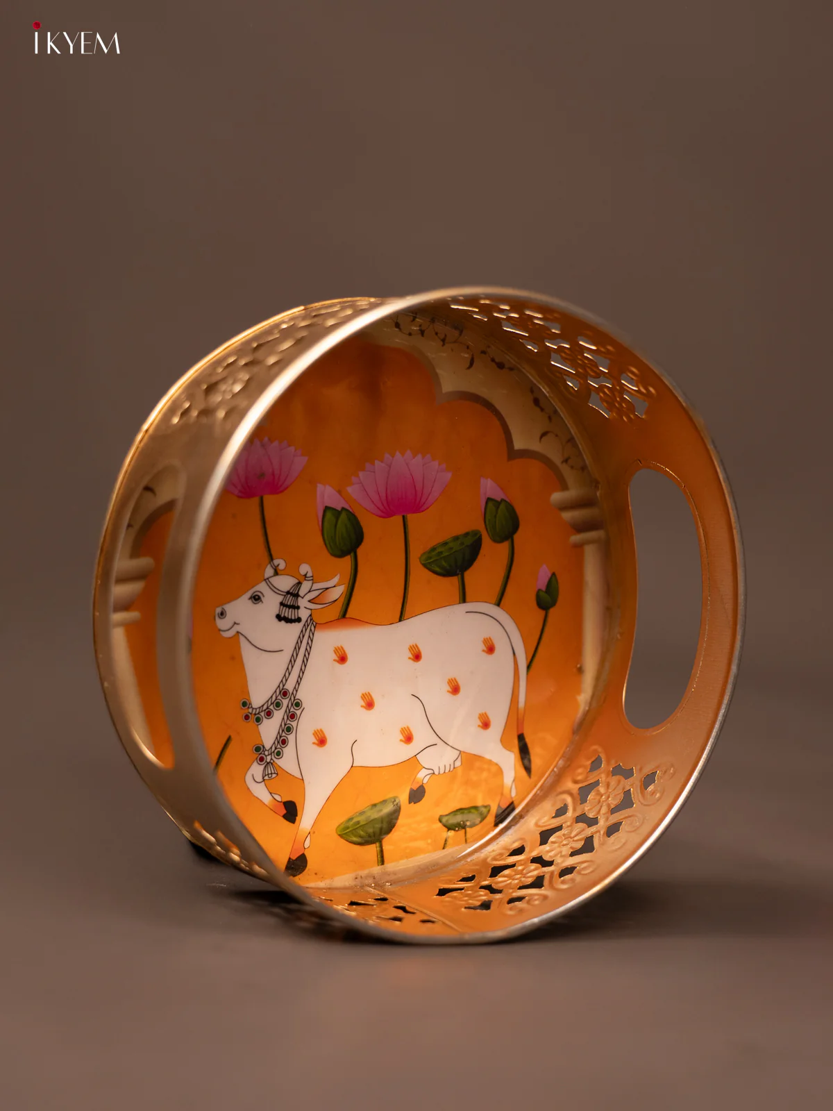 Orange Pichwai Printed Round Metal Tray With Cow & Flowers - KF19124 - Image 3