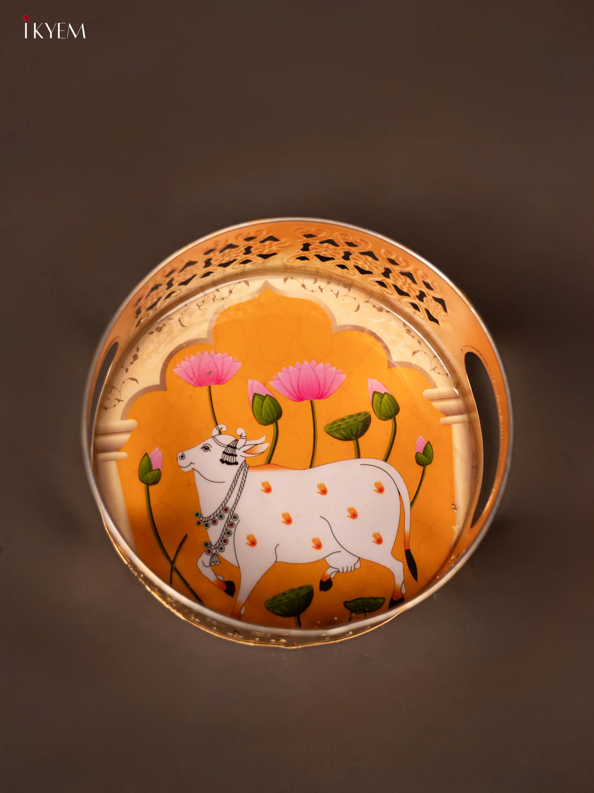 Orange Pichwai Printed Round Metal Tray With Cow & Flowers - KF19124 - Image 4