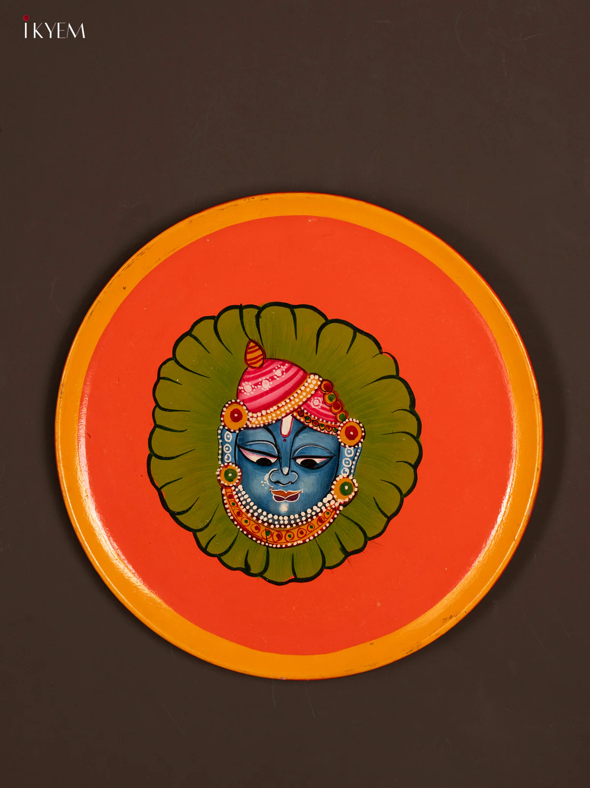 Auspicious Hand-painted Srinath ji Orange Wooden Wall Plate - KG04211