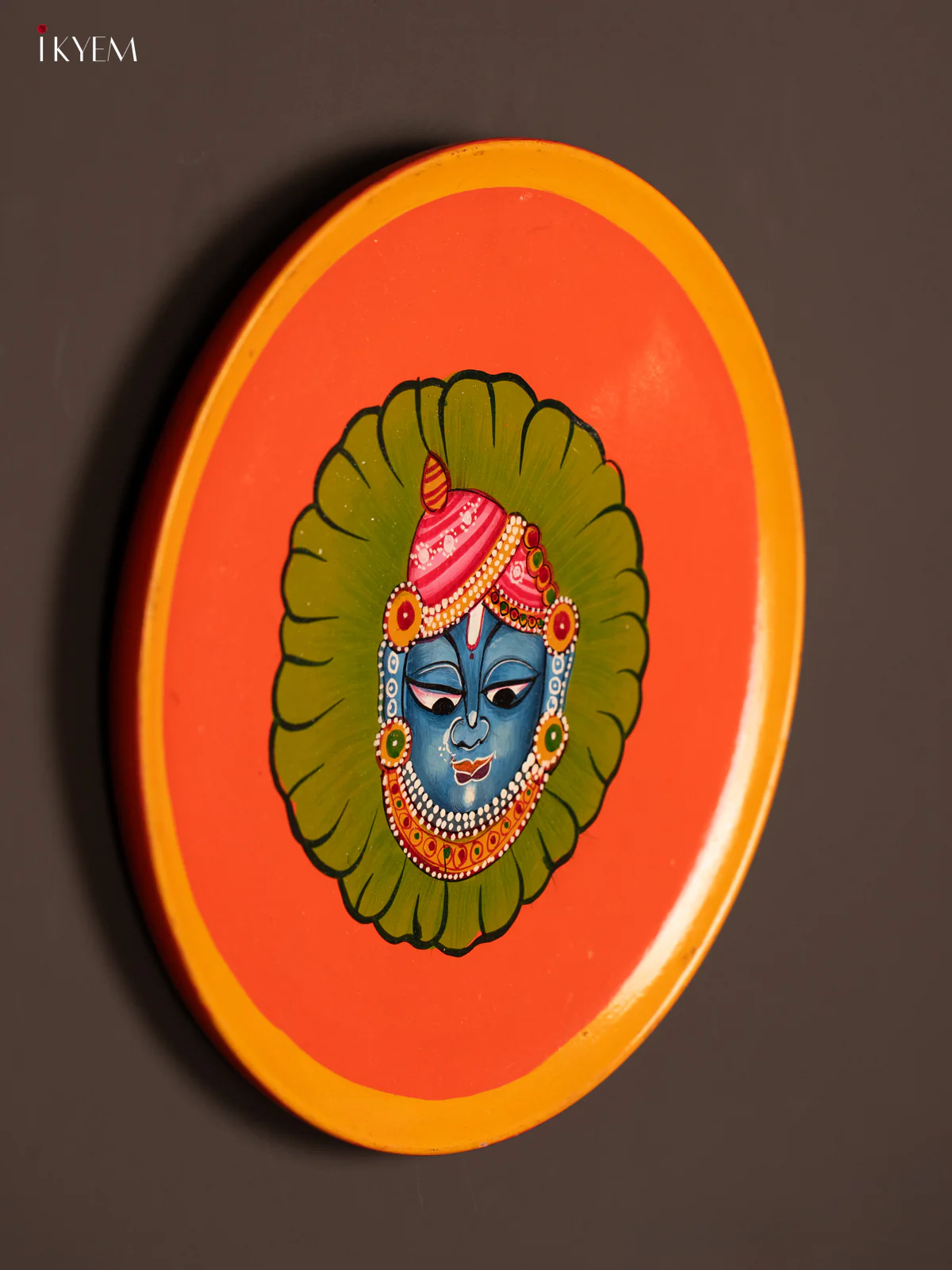 Auspicious Hand-painted Srinath ji Orange Wooden Wall Plate - KG04211 - Image 2