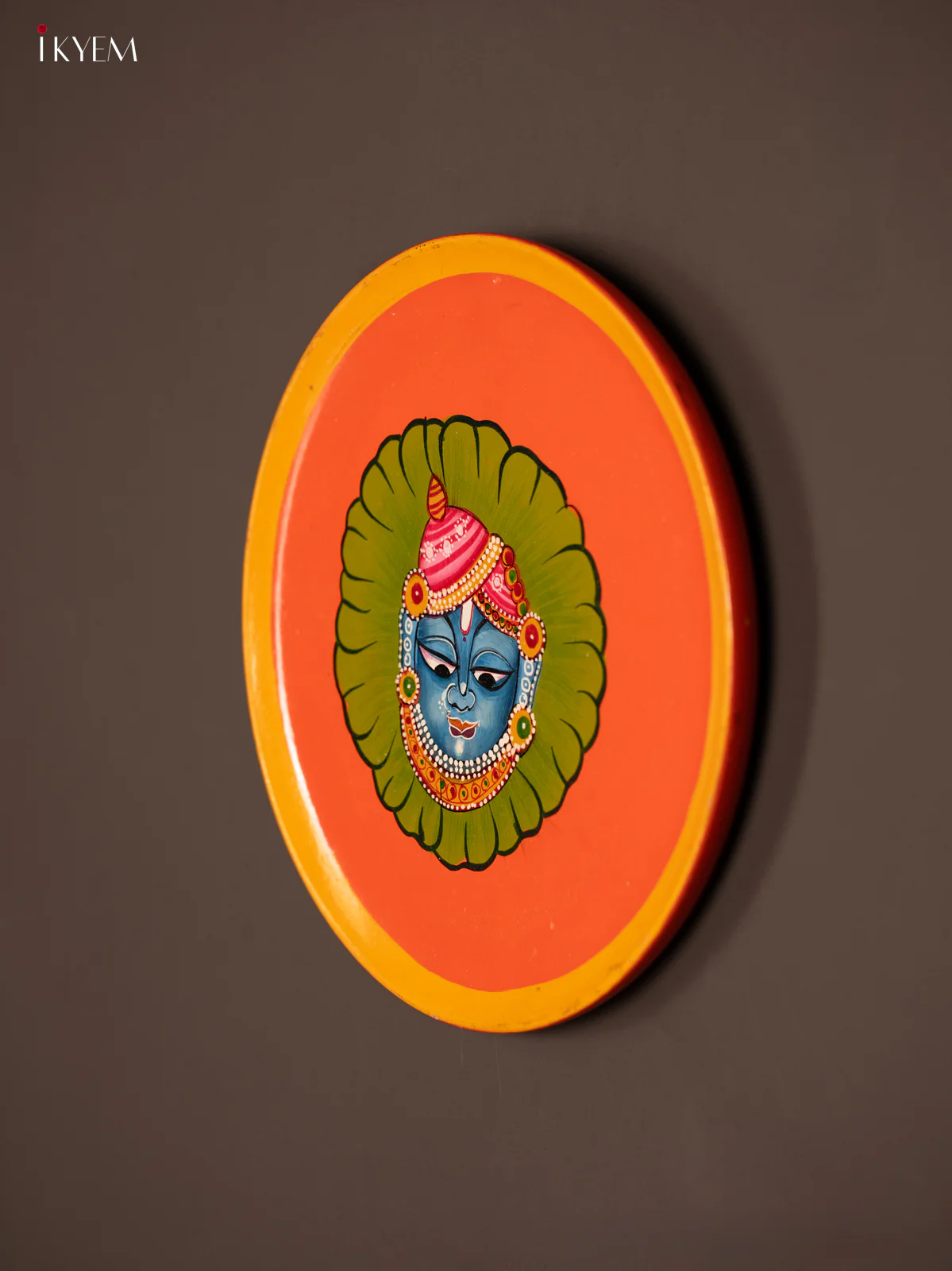 Auspicious Hand-painted Srinath ji Orange Wooden Wall Plate - KG04211 - Image 4