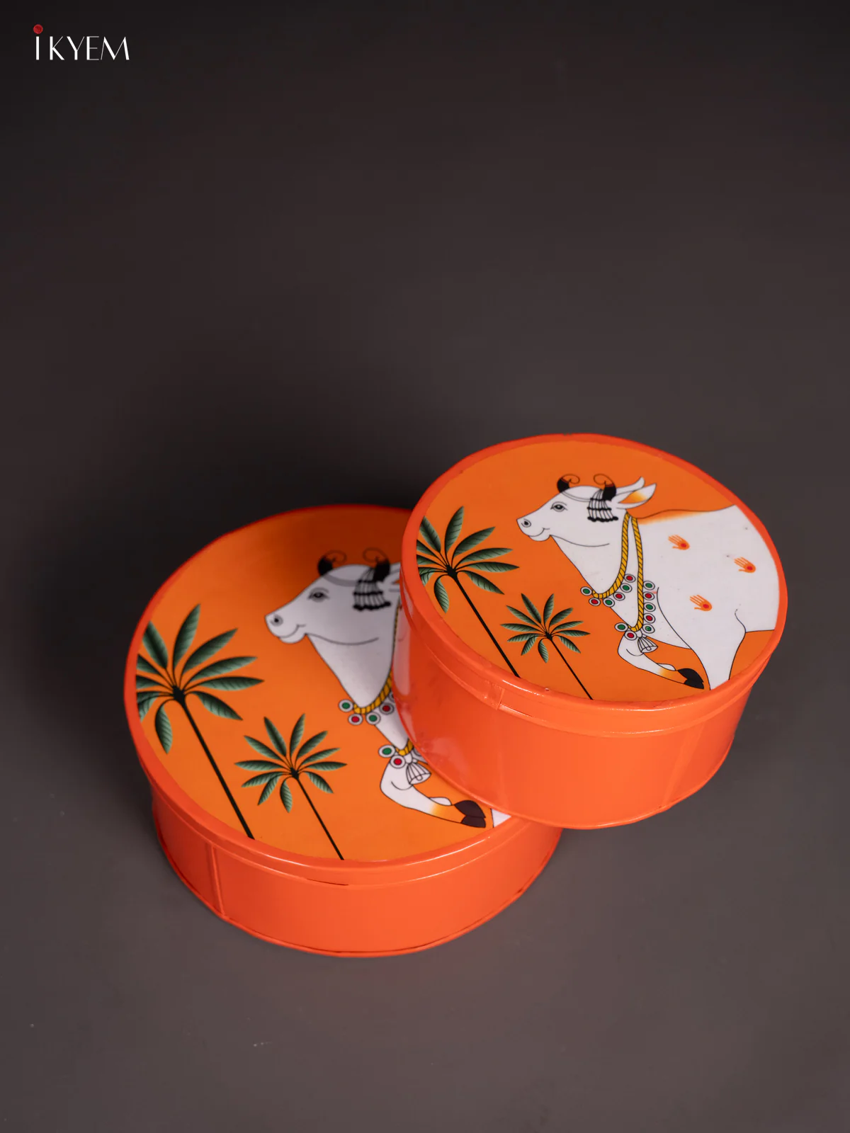 Pichwai Cow Digital Printed Metal Storage Box Set Of 2 - Orange - (8x8) Inches - KI15140 - Image 2