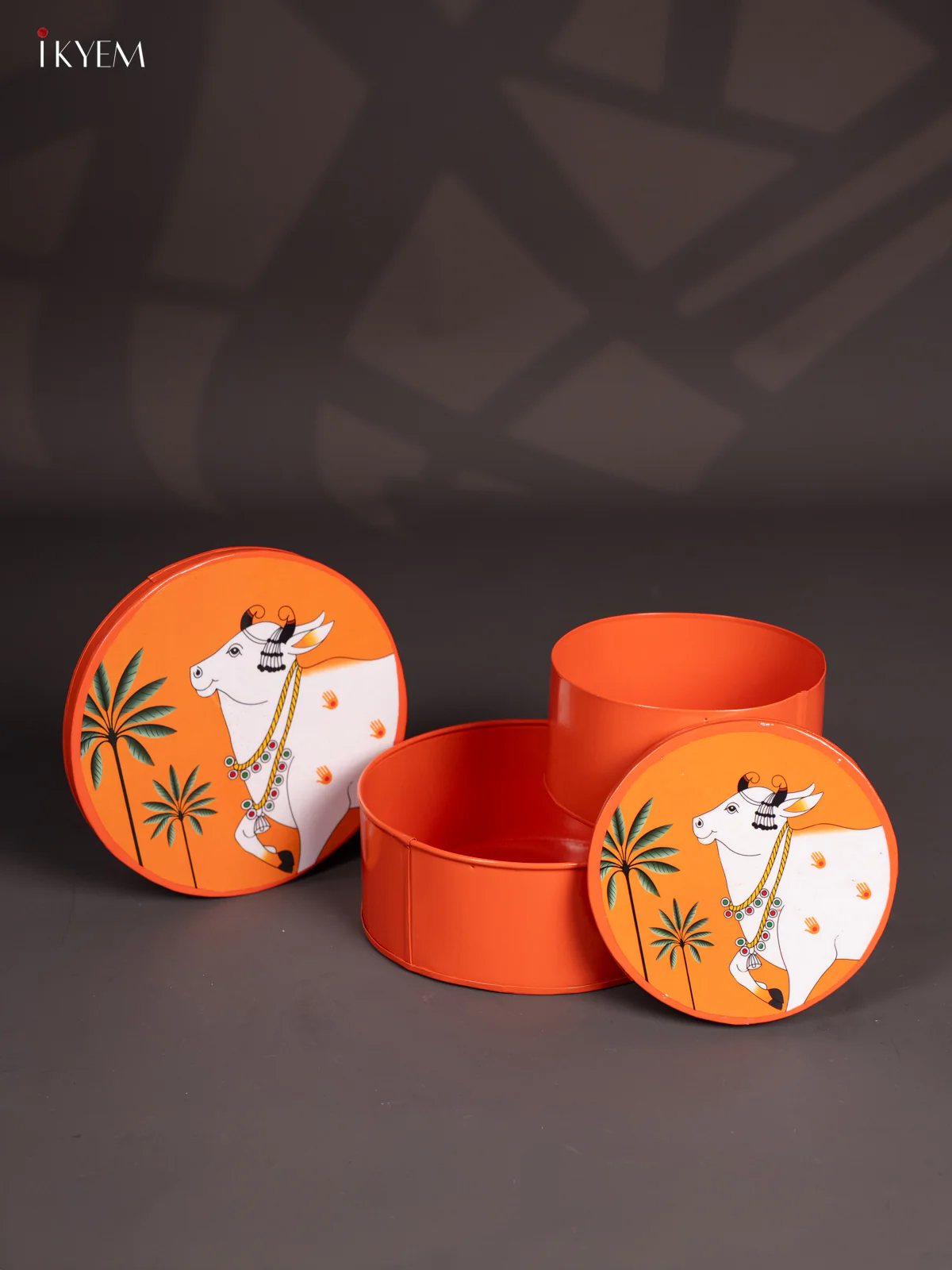 Pichwai Cow Digital Printed Metal Storage Box Set Of 2 - Orange - (8x8) Inches - KI15140 - Image 3