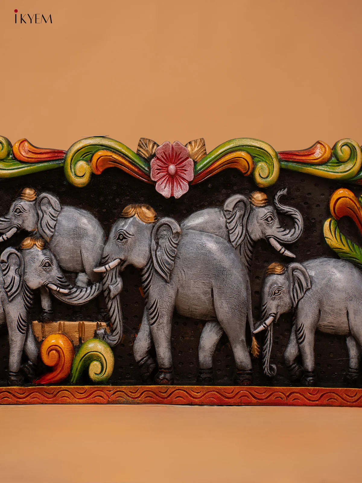 Painted Elephants Hand Carved Wooden Panel - KD18127 - Image 2