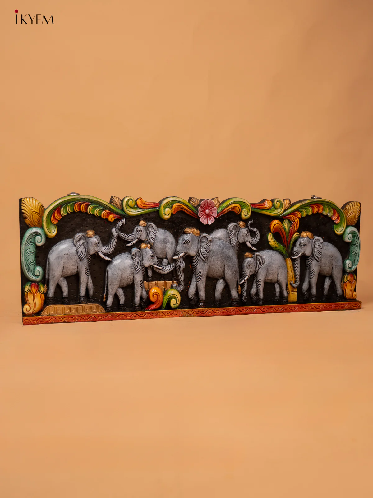 Painted Elephants Hand Carved Wooden Panel - KD18127 - Image 3
