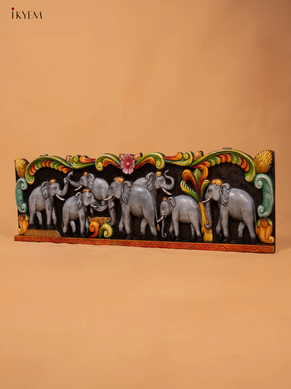 Painted Elephants Hand Carved Wooden Panel - KD18127 - Image 4
