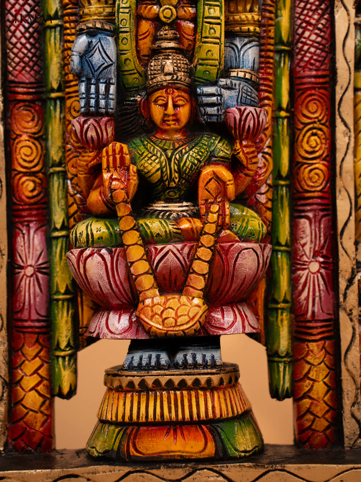 Hand Carved Painted Balaji & Lakshmi Wooden Wall Panel - KD18132 - Image 2