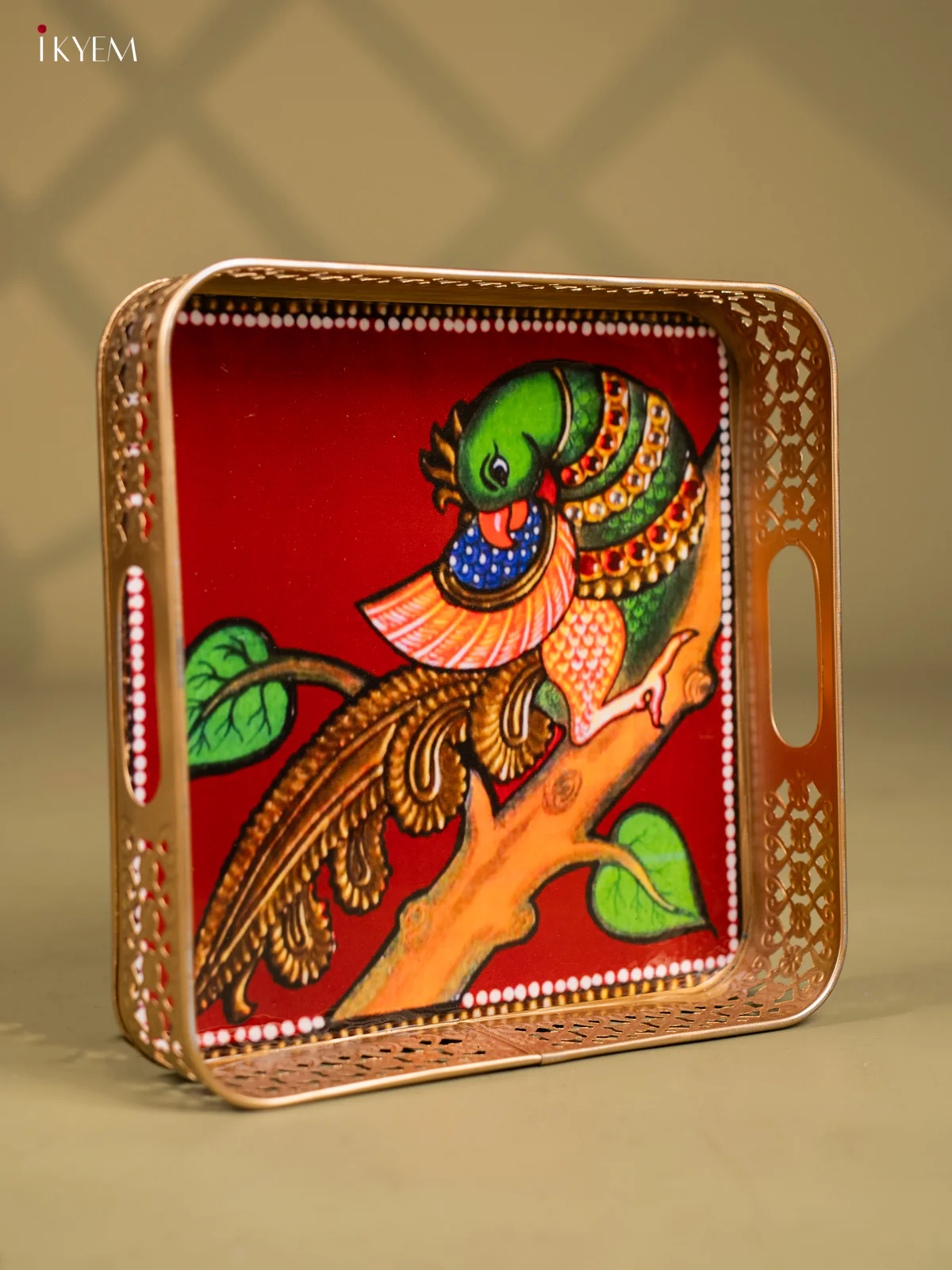 Traditional Parrot Motif Printed Square Metal Tray - KF25141 - Image 2