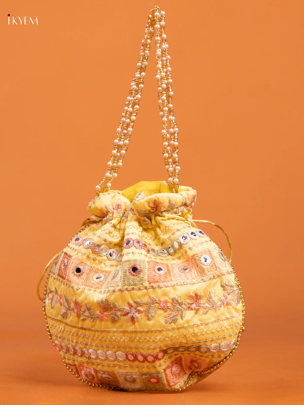 Yellow Embroidered Floral Design Potli Bag - KD26513