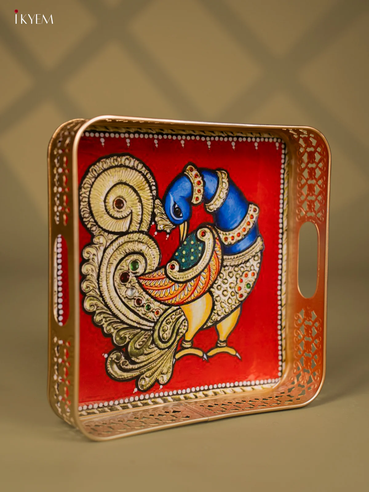 Peacock Printed Red Colour Square Metal Tray - KF25135 - Image 2