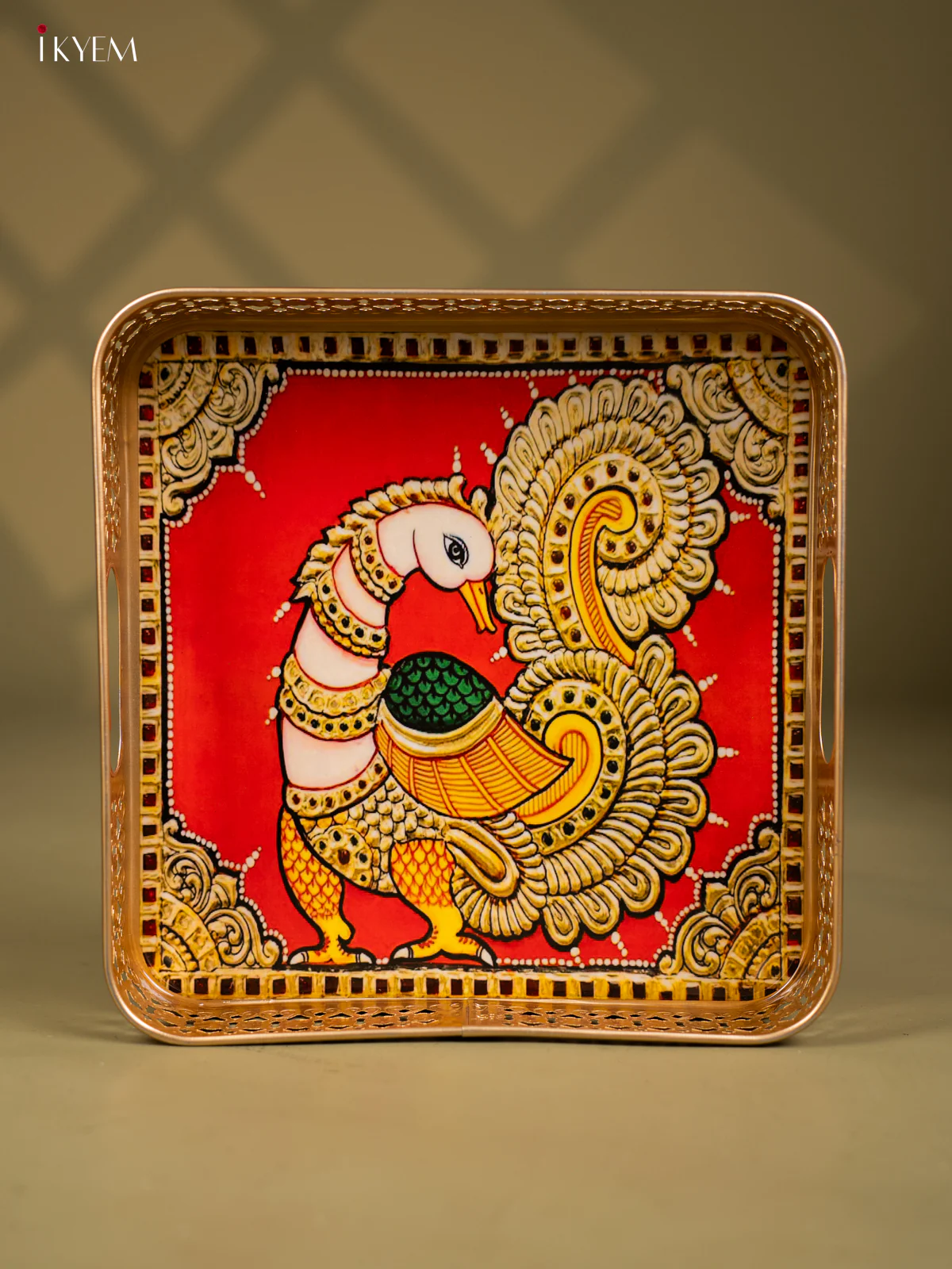 Peacock Printed Red Colour Square Metal Tray  - KF25136