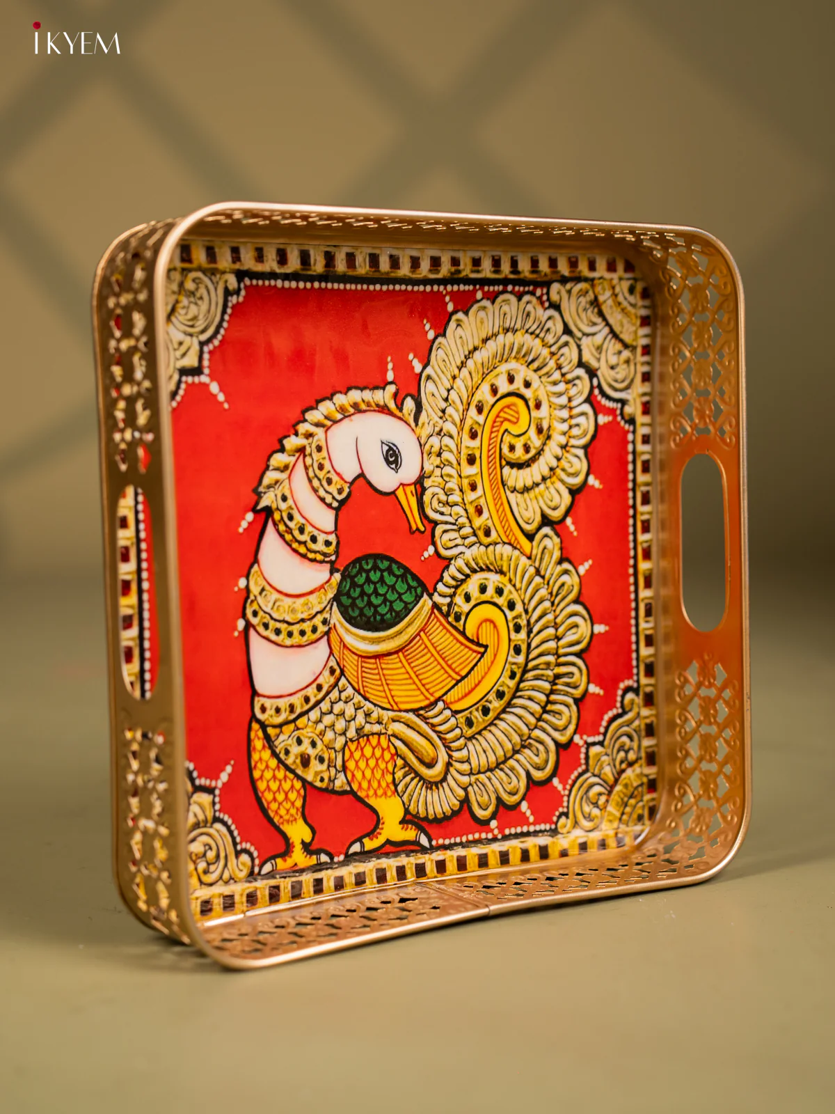 Peacock Printed Red Colour Square Metal Tray  - KF25136 - Image 2