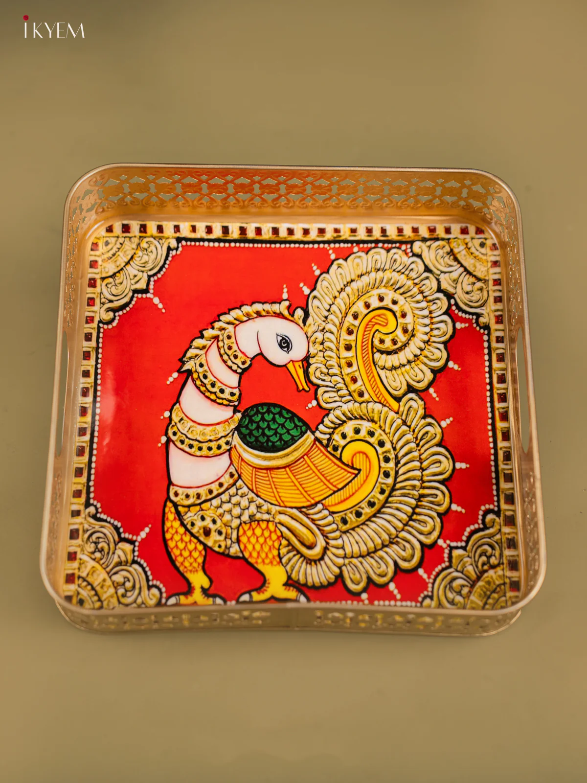 Peacock Printed Red Colour Square Metal Tray  - KF25136 - Image 4