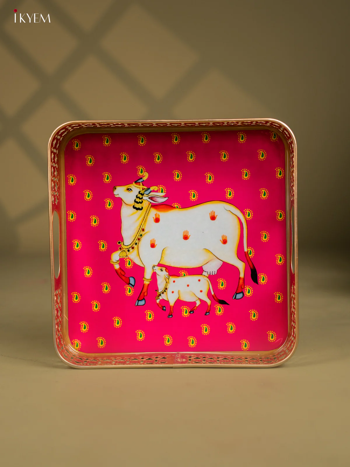 Pichwai Cow & Calf Printed Pink Metal Tray - KF25114