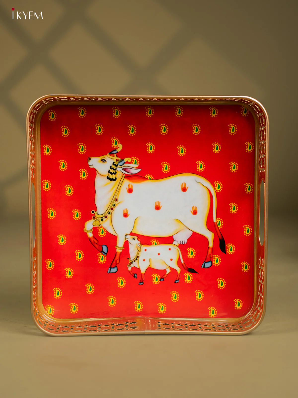Pichwai Cow & Calf Printed Red Metal Tray - KF25113