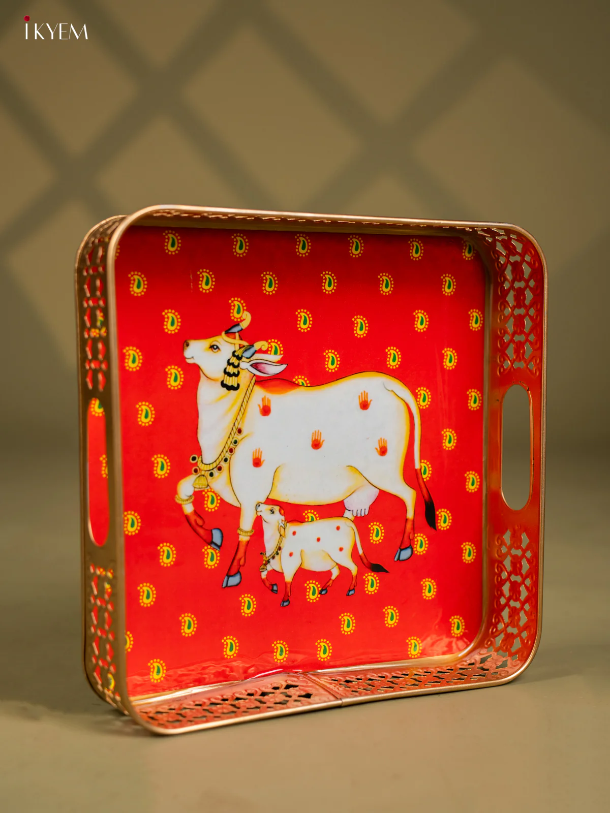 Pichwai Cow & Calf Printed Red Metal Tray - KF25113 - Image 2