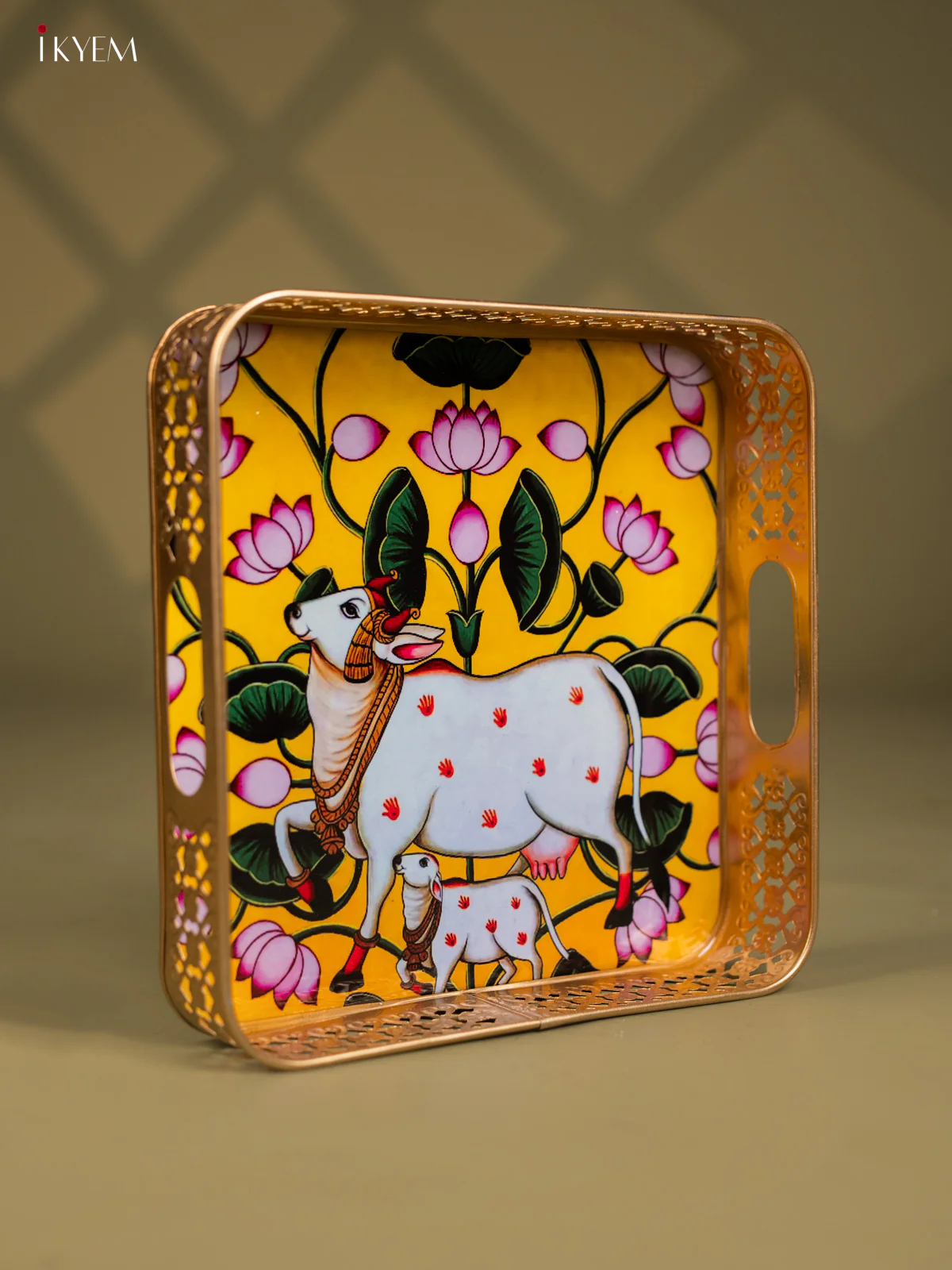 Pichwai Cow & Calf Printed Yellow Metal Tray - KF25112 - Image 2