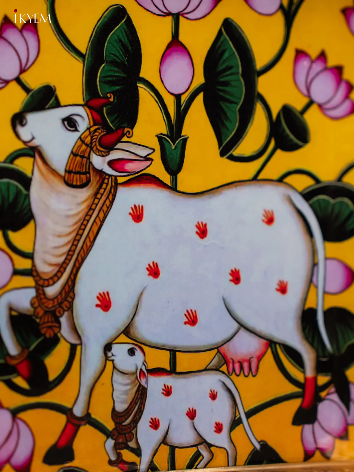 Pichwai Cow & Calf Printed Yellow Metal Tray - KF25112 - Image 3